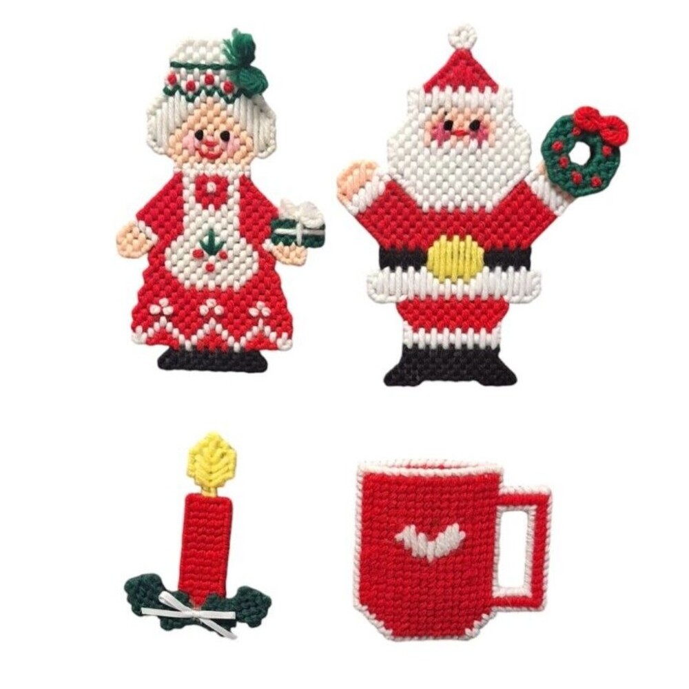 Vintage Santa Mrs. Claus Mug & Candle Handmade Needlepoint Refrigerator Magnets